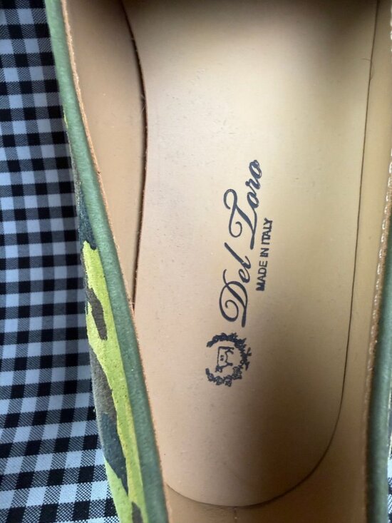 Del Toro Italy Handmade Suede Camo Loafers Size 10 Green Slip On Smoking Shoes